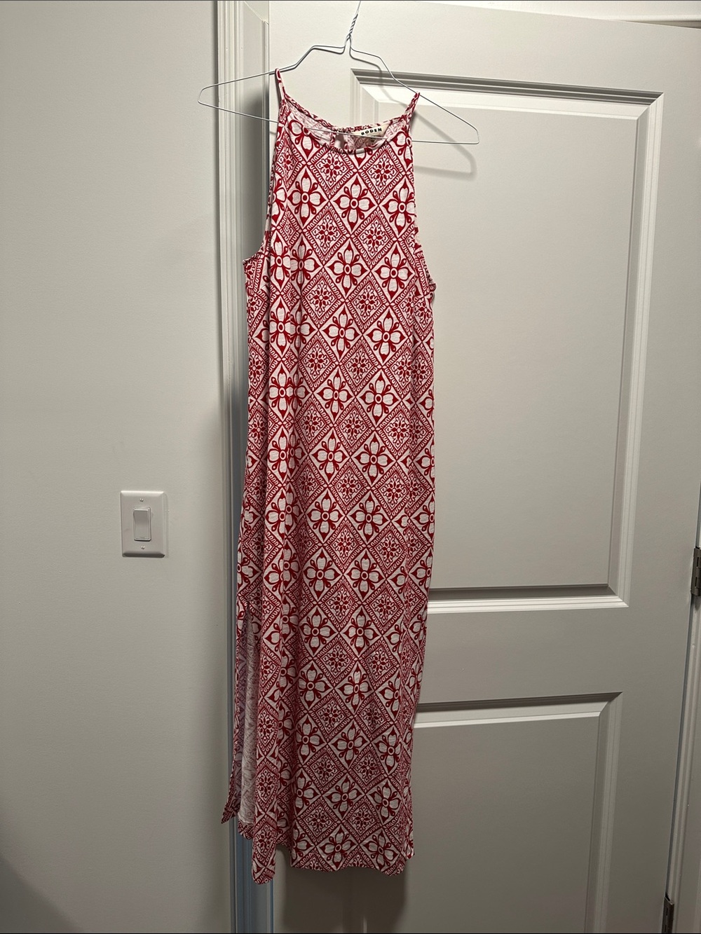 Boden Red and White Geometric Halter Maxi Dress
